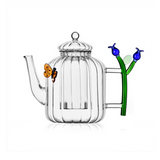 Glass Teapot Blue Flower and Butterfly