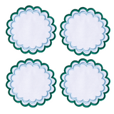 Set of 4 Scalloped Coasters Embroidered Blue & Green