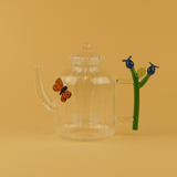 Glass Teapot Blue Flower and Butterfly